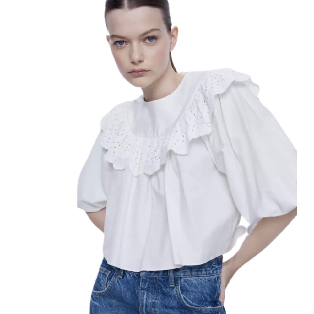 ZARA Ruffle Poplin Open Work Embroidery Top